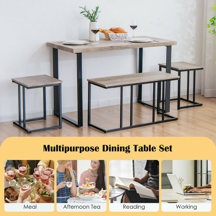 4-Piece Dining Table Set Industrial Dinette Set Kitchen Table w/Bench and 2 Stools Image 7