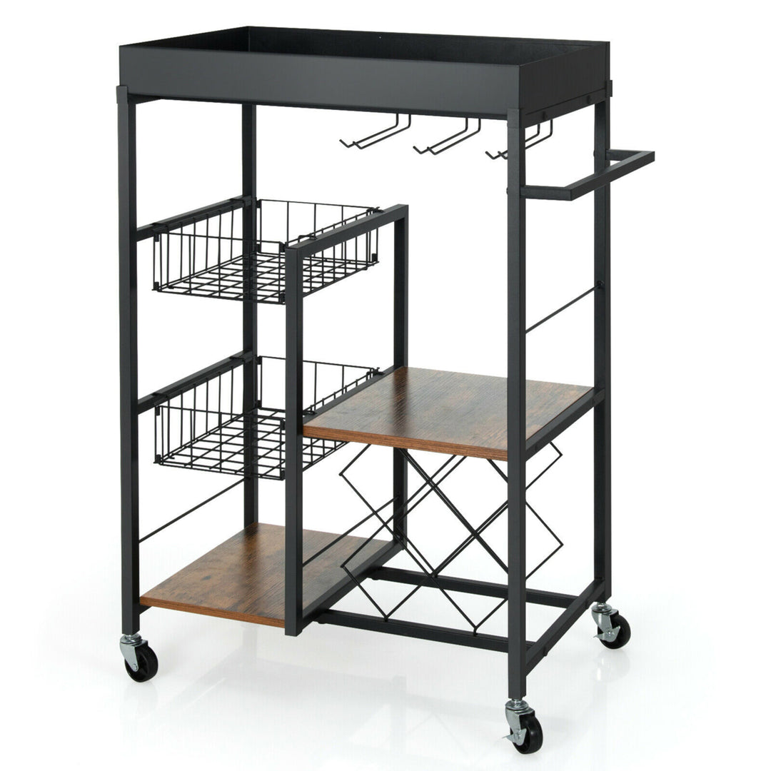 4-Tier Kitchen Bar Cart Rolling Serving Trolley Wine Rack Removable Tray Basket Image 1