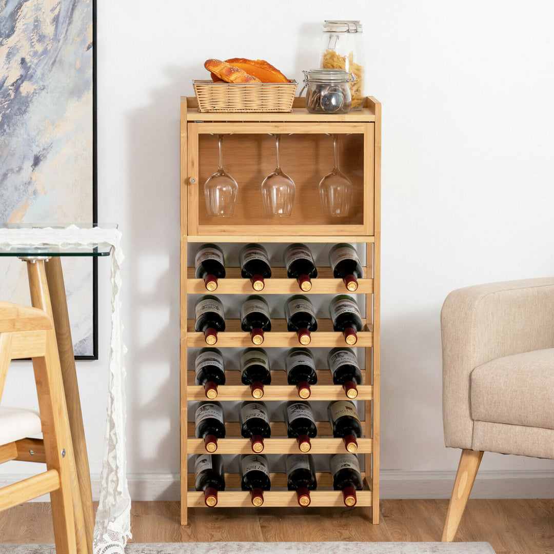 20-Bottle Bamboo Wine Rack Cabinet Freestanding Display Shelf w/ Glass Hanger Image 4