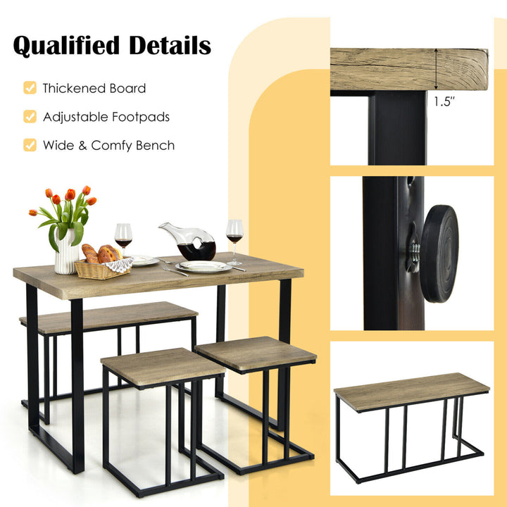 4-Piece Dining Table Set Industrial Dinette Set Kitchen Table w/Bench and 2 Stools Image 10