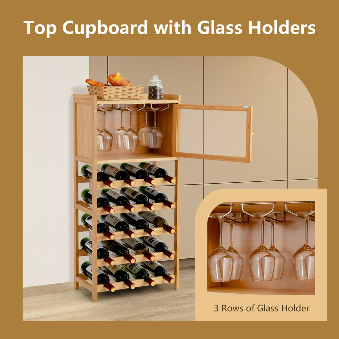 20-Bottle Bamboo Wine Rack Cabinet Freestanding Display Shelf w/ Glass Hanger Image 5