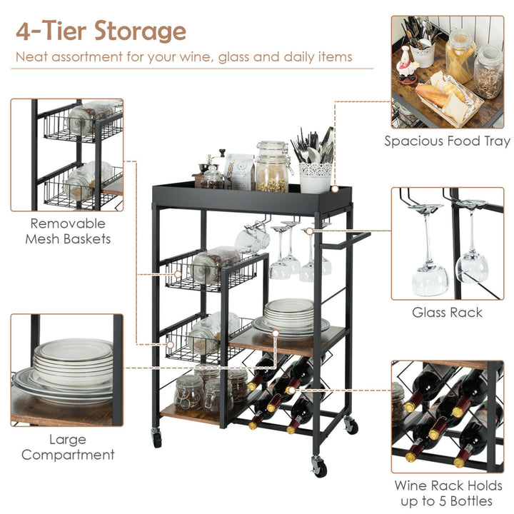 4-Tier Kitchen Bar Cart Rolling Serving Trolley Wine Rack Removable Tray Basket Image 5