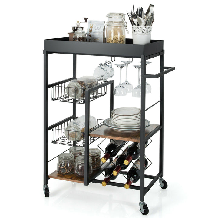 4-Tier Kitchen Bar Cart Rolling Serving Trolley Wine Rack Removable Tray Basket Image 9