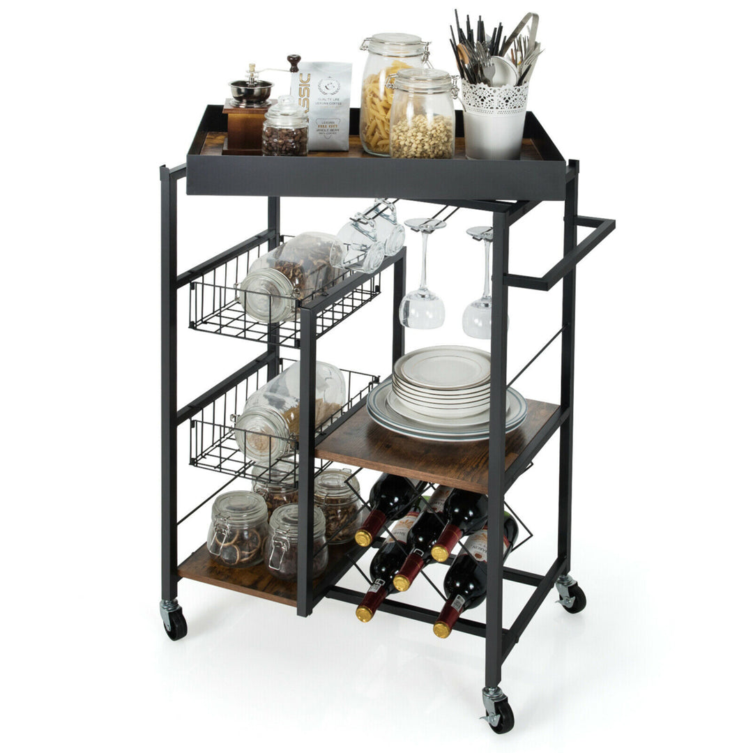 4-Tier Kitchen Bar Cart Rolling Serving Trolley Wine Rack Removable Tray Basket Image 10