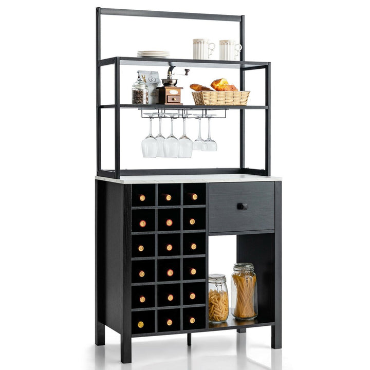 Kitchen Bakers Rack Freestanding Wine Rack Table w/ Glass Holder and Drawer Black / Rustic Image 4