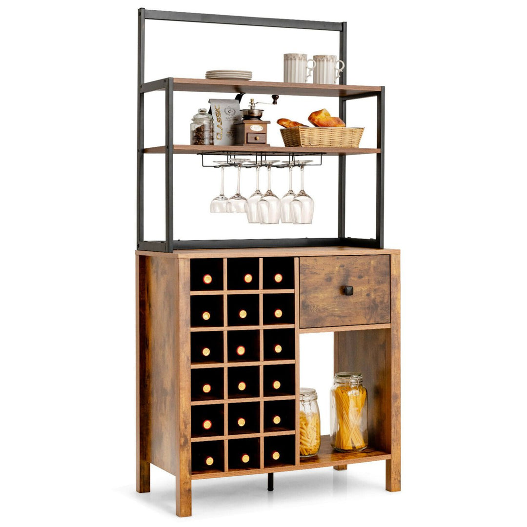 Kitchen Bakers Rack Freestanding Wine Rack Table w/ Glass Holder and Drawer Black / Rustic Image 1