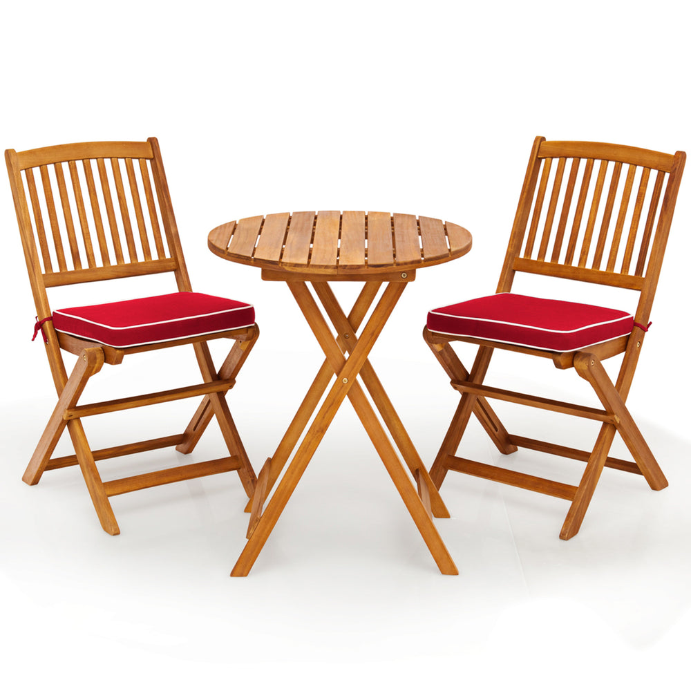 3PCS Folding Acacia Wood Bistro Set Patio Conversation Set w/ Red Cushions Image 2