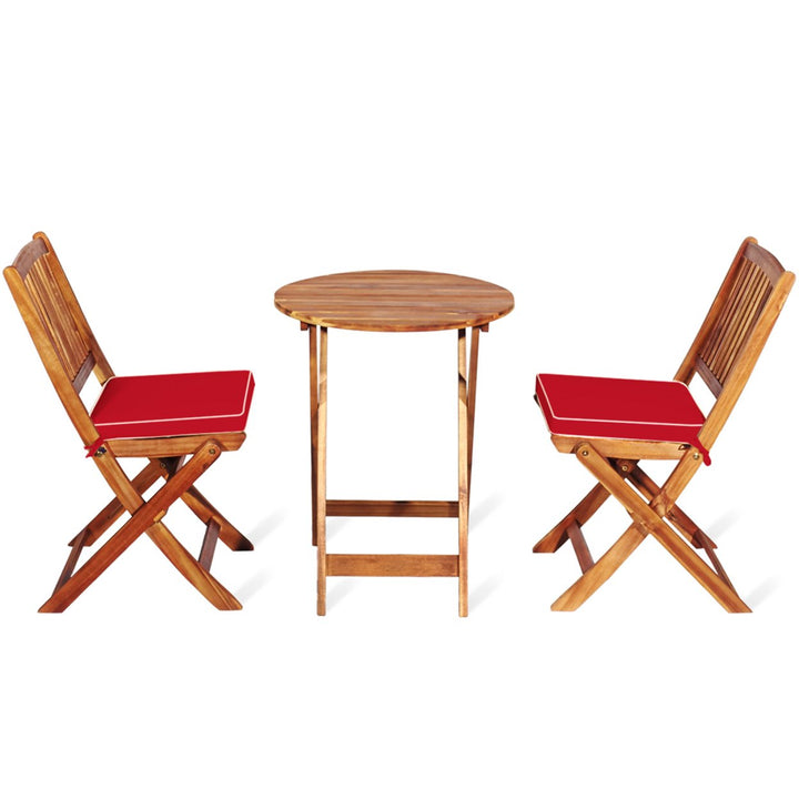 3PCS Folding Acacia Wood Bistro Set Patio Conversation Set w/ Red Cushions Image 9