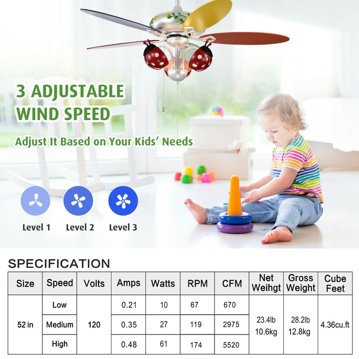 52 Ceiling Fan with Light Kids Fan Light w/Pull Chain Control Beetle Multicolor Image 6