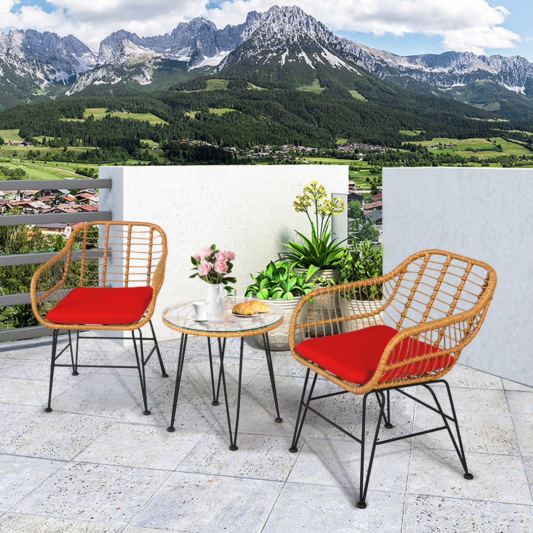 3PCS Rattan Patio Bistro Set Conversation Furniture Set w/ Cushions Image 7