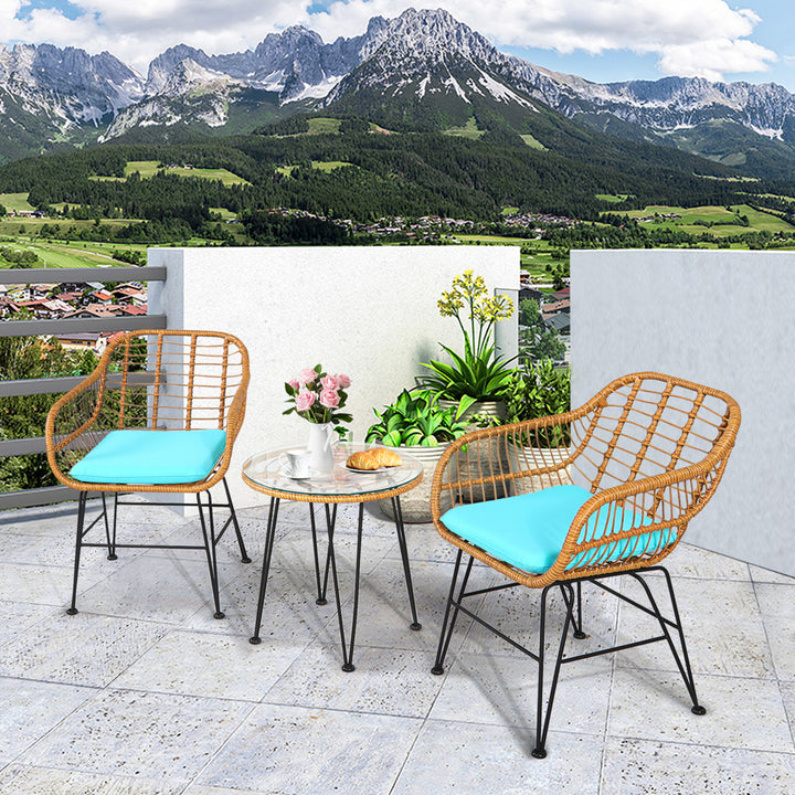 3PCS Rattan Patio Bistro Set Conversation Furniture Set w/ Cushions Image 8