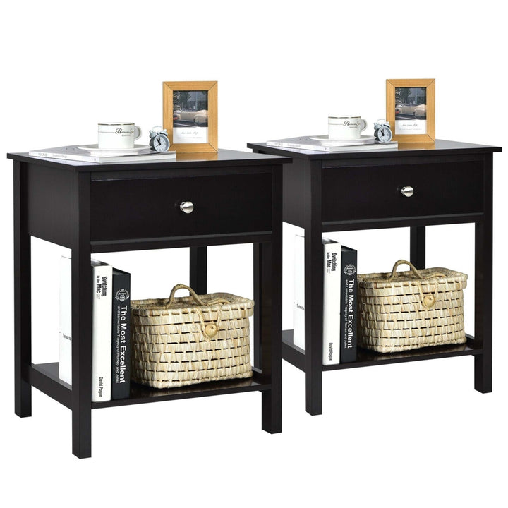 2PCS 2-Tier Nightstand Modern Side End Table w/ Drawer and Open Shelf Image 1