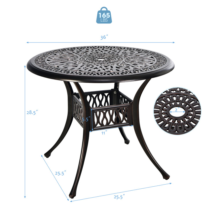 36 Outdoor Round Dining Table Cast Aluminum Patio Bistro Table w/ Umbrella Pole Image 2