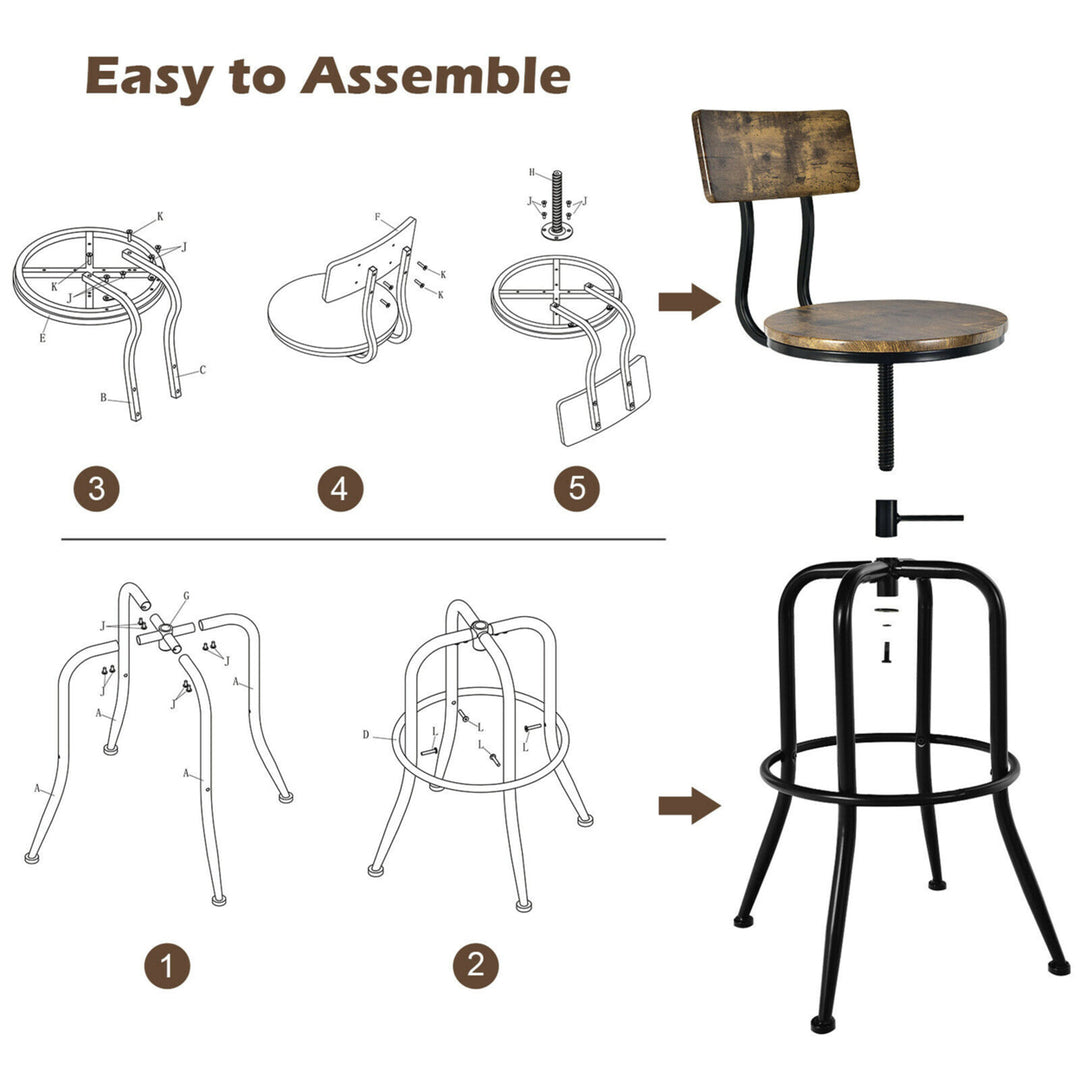 Set of 4 Industrial Bar Stool Adjustable Swivel Counter-Height Dining Side Chair Image 9