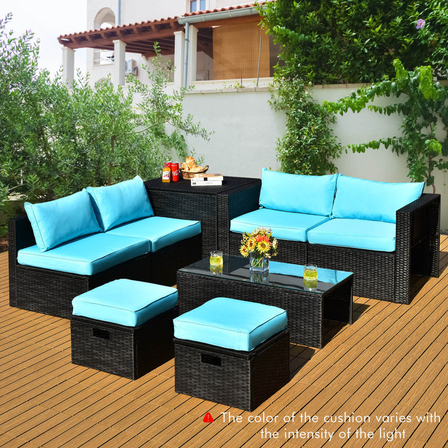 8PCS Rattan Patio Sectional Furniture Set w/ Waterproof Cover and Turquoise Cushions Image 1