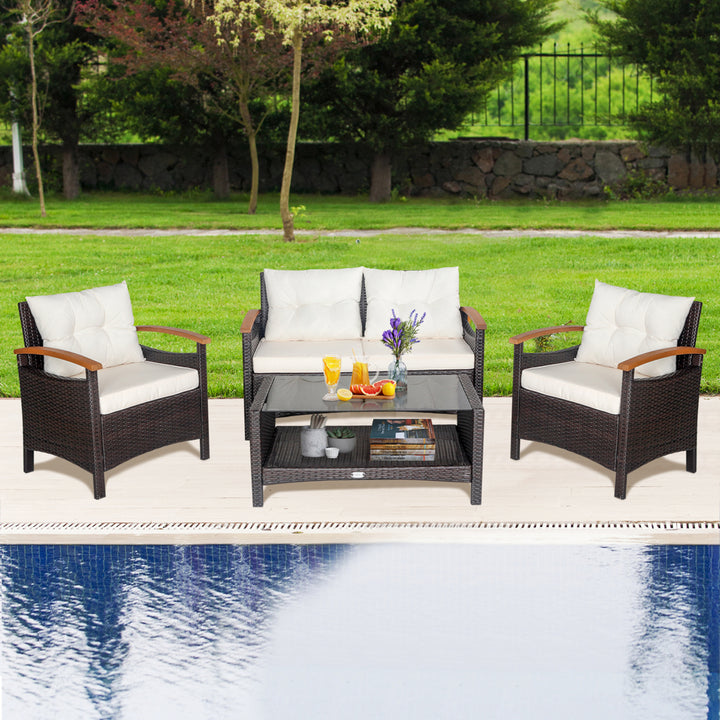 4PCS Patio Conversation Set Rattan Sofa Furniture Set w/ Off White Cushions Image 1