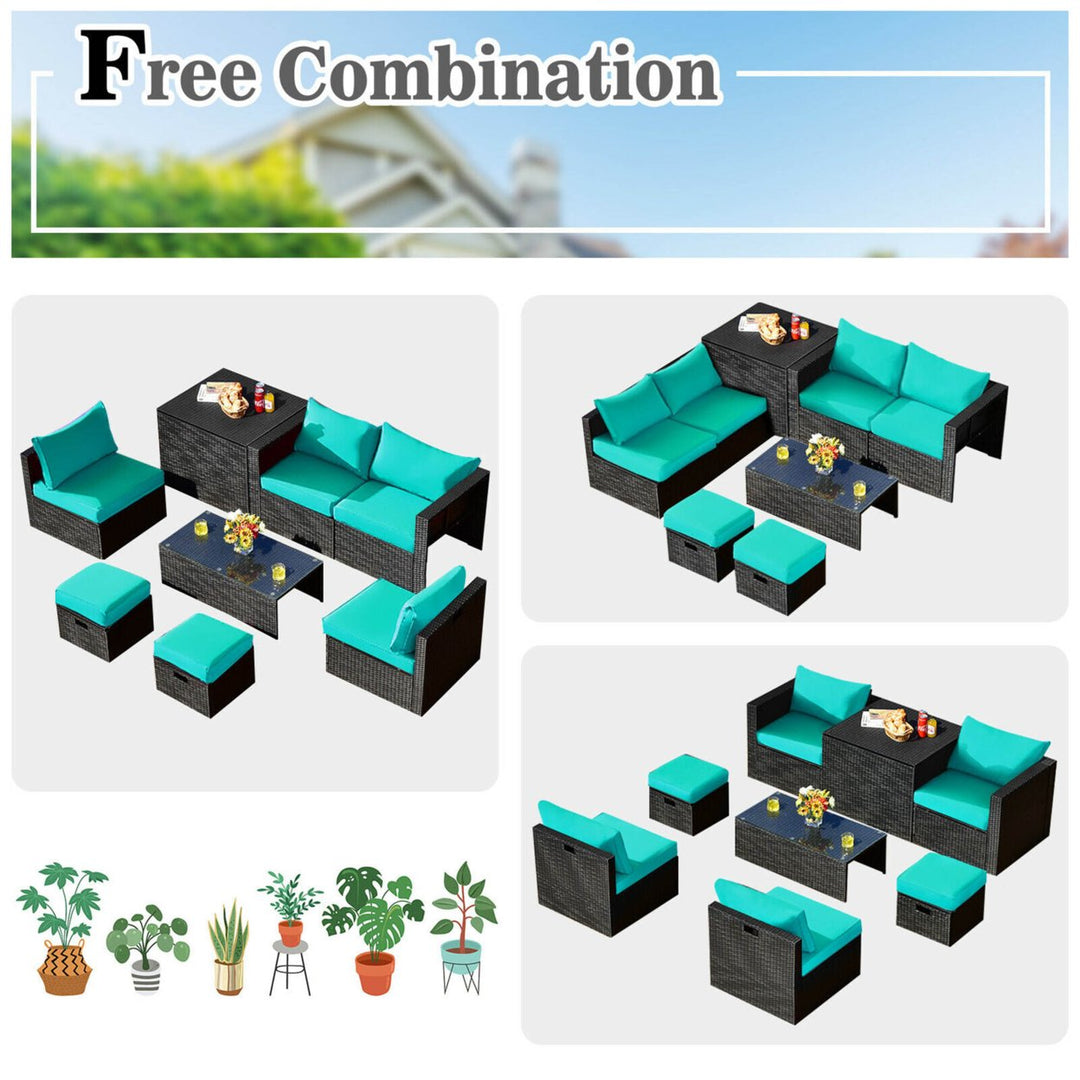 8PCS Rattan Patio Sectional Furniture Set w/ Waterproof Cover and Turquoise Cushions Image 3