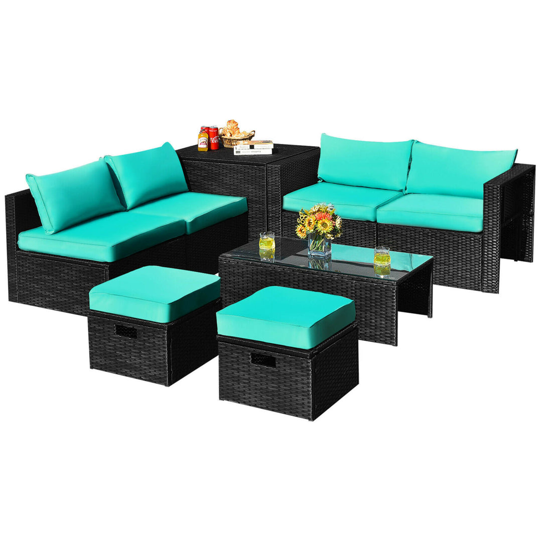 8PCS Rattan Patio Sectional Furniture Set w/ Waterproof Cover and Turquoise Cushions Image 8