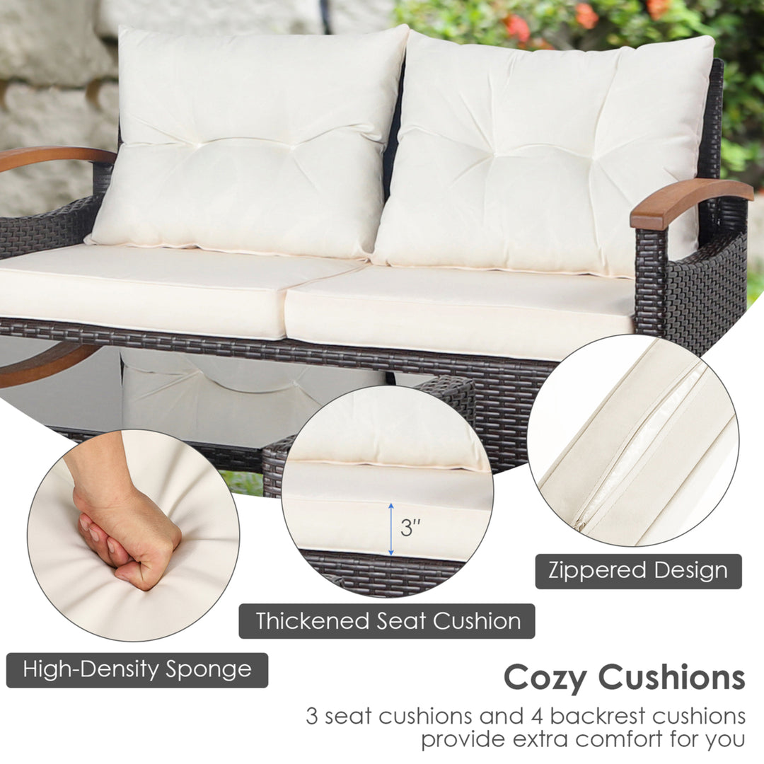 4PCS Patio Conversation Set Rattan Sofa Furniture Set w/ Off White Cushions Image 7