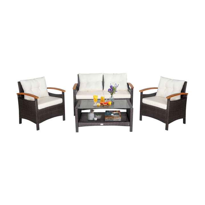 4PCS Patio Conversation Set Rattan Sofa Furniture Set w/ Off White Cushions Image 2