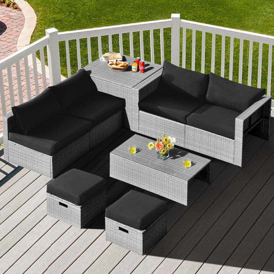 8PCS Rattan Patio Space-Saving Furniture Set w/ Waterproof Cover and Black Cushions Image 1