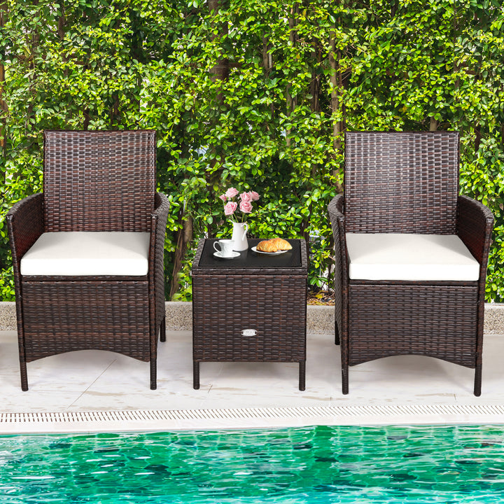 3PCS Outdoor Rattan Conversation Set Patio Furniture Set w/ White Cushions Image 3