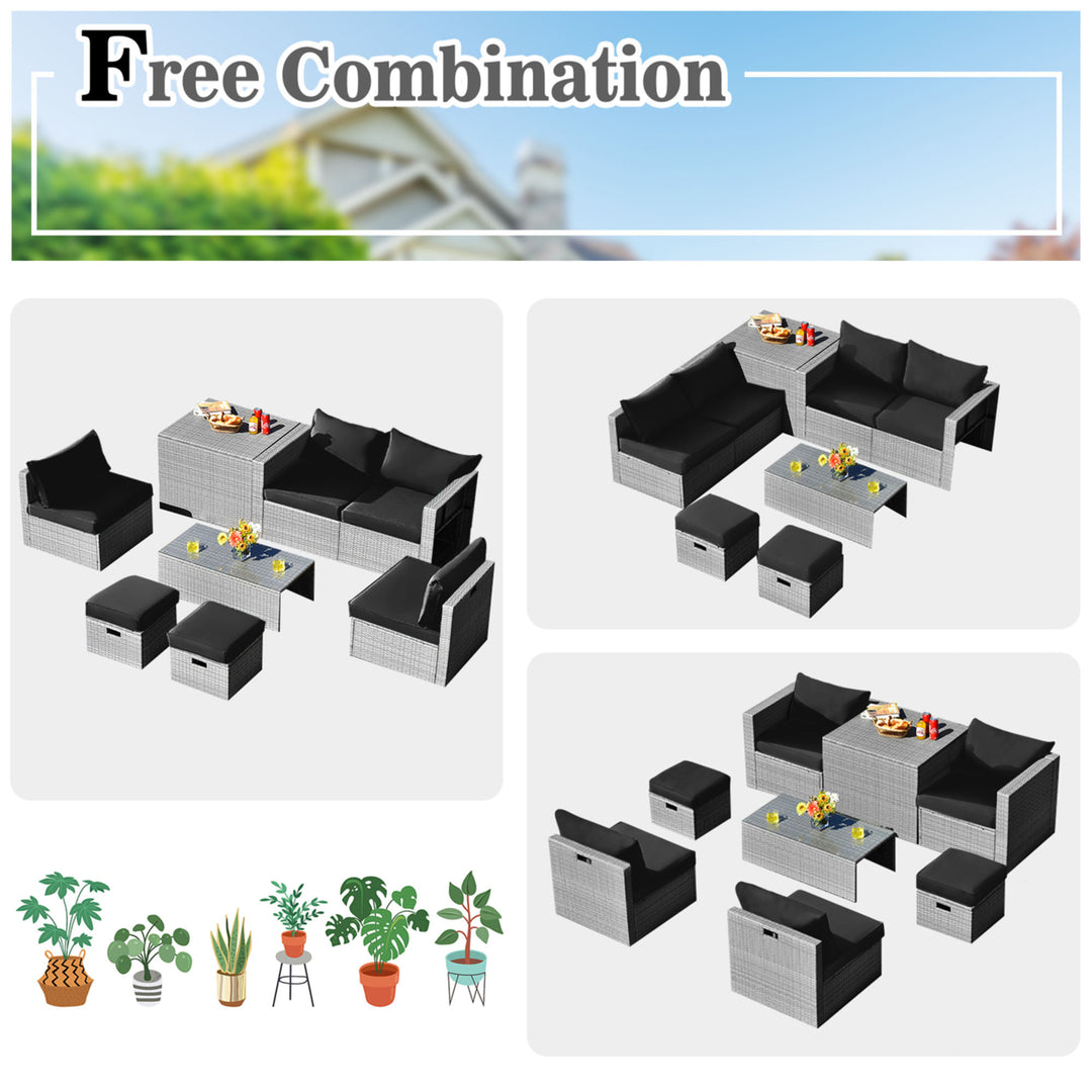 8PCS Rattan Patio Space-Saving Furniture Set w/ Waterproof Cover and Black Cushions Image 4