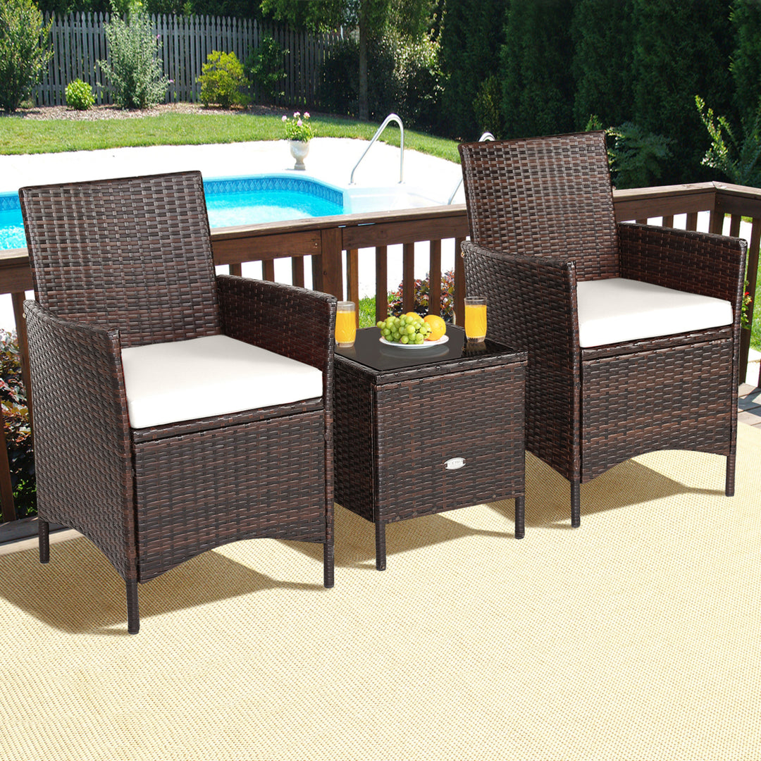 3PCS Outdoor Rattan Conversation Set Patio Furniture Set w/ White Cushions Image 4