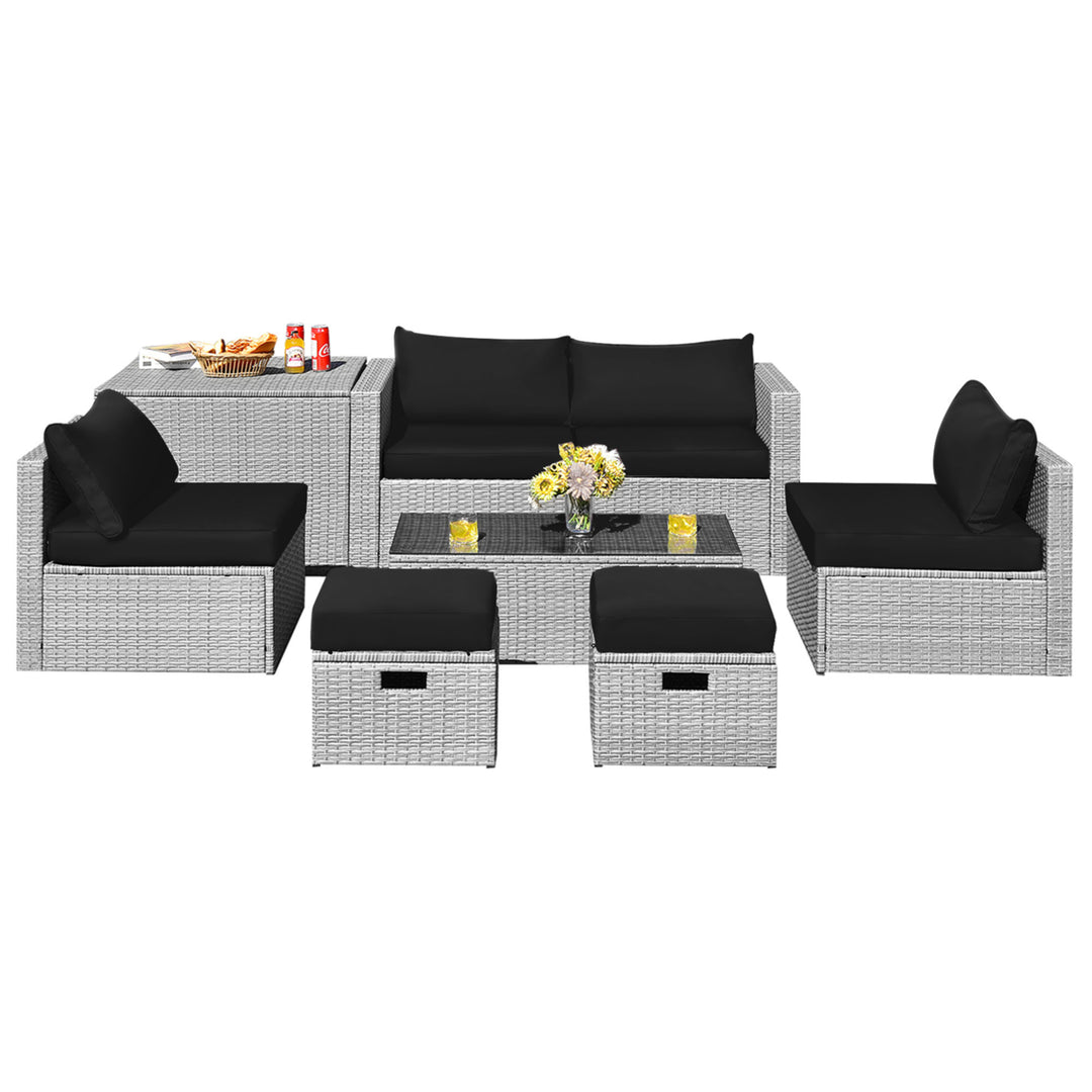 8PCS Rattan Patio Space-Saving Furniture Set w/ Waterproof Cover and Black Cushions Image 8