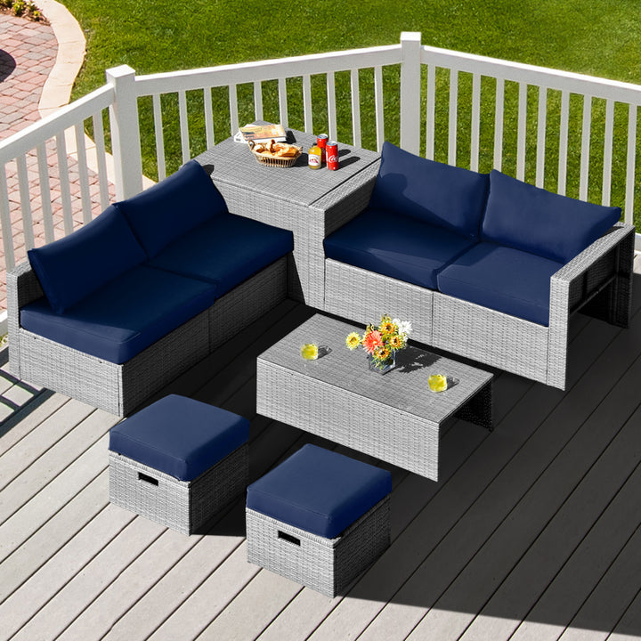 8PCS Rattan Patio Space-Saving Furniture Set w/ Waterproof Cover and Navy Cushions Image 1