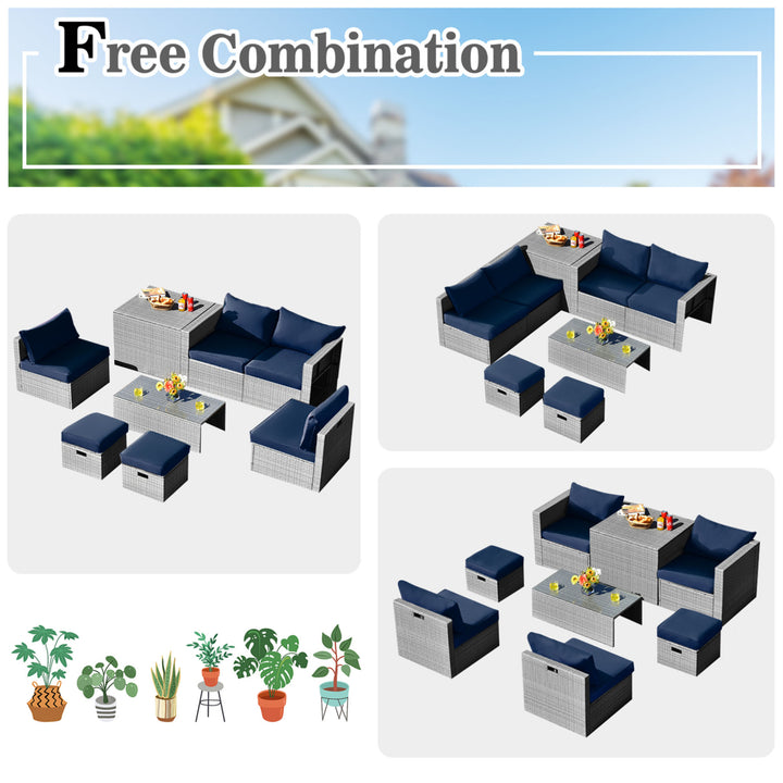 8PCS Rattan Patio Space-Saving Furniture Set w/ Waterproof Cover and Navy Cushions Image 4