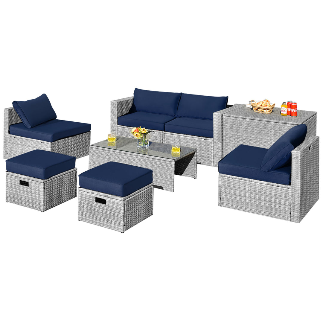 8PCS Rattan Patio Space-Saving Furniture Set w/ Waterproof Cover and Navy Cushions Image 8