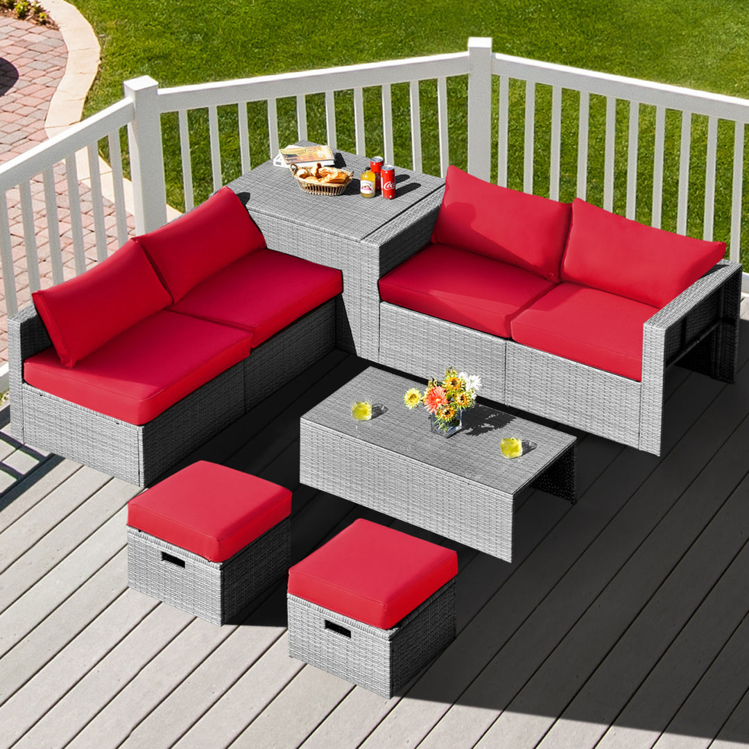 8PCS Rattan Patio Space-Saving Furniture Set w/ Waterproof Cover and Red Cushions Image 1