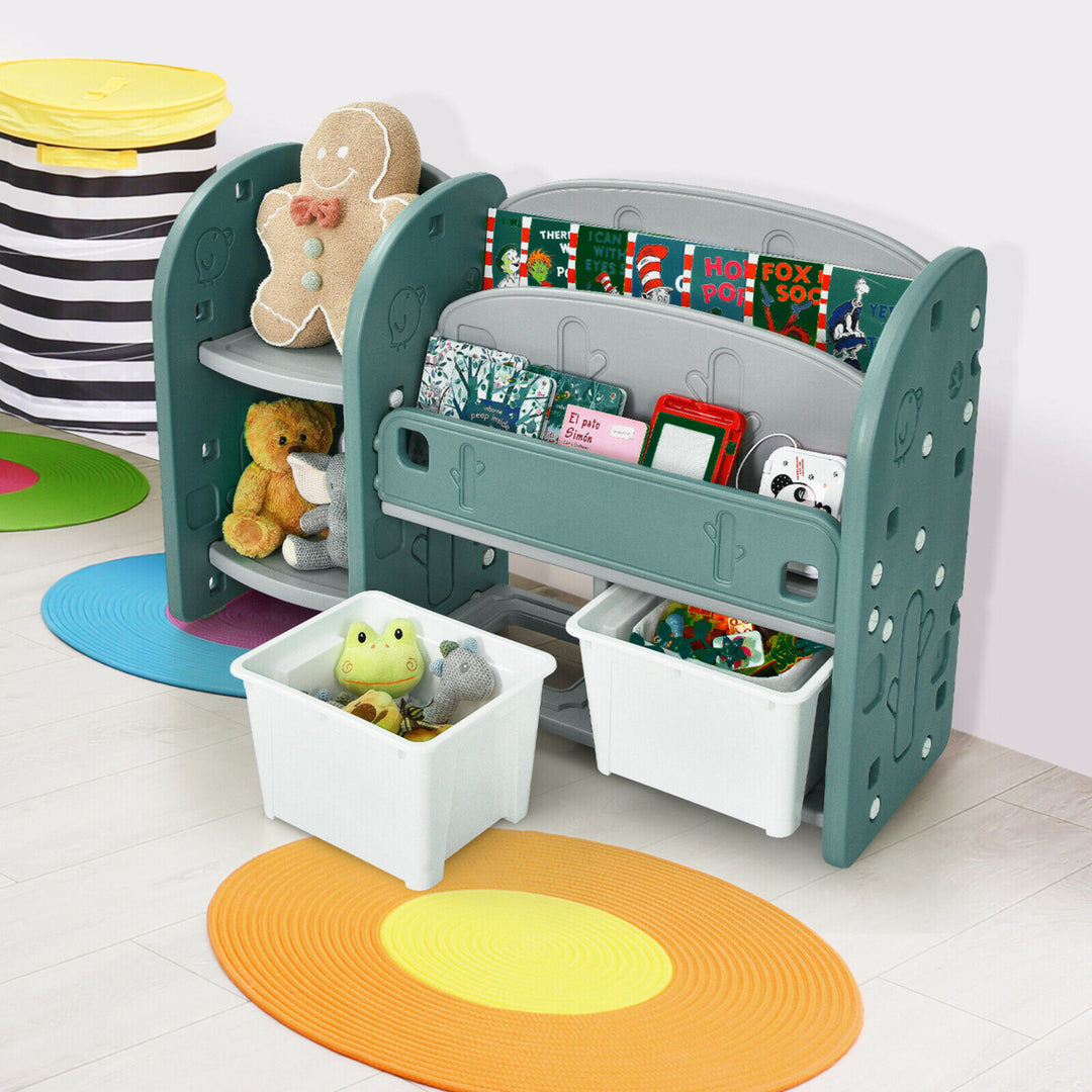 Kids Toy Storage Organizer w/ 2-Tier Bookshelf and Plastic Bins Image 3