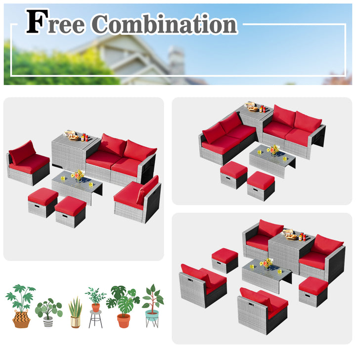 8PCS Rattan Patio Space-Saving Furniture Set w/ Waterproof Cover and Red Cushions Image 4