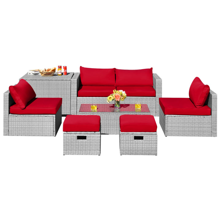 8PCS Rattan Patio Space-Saving Furniture Set w/ Waterproof Cover and Red Cushions Image 8