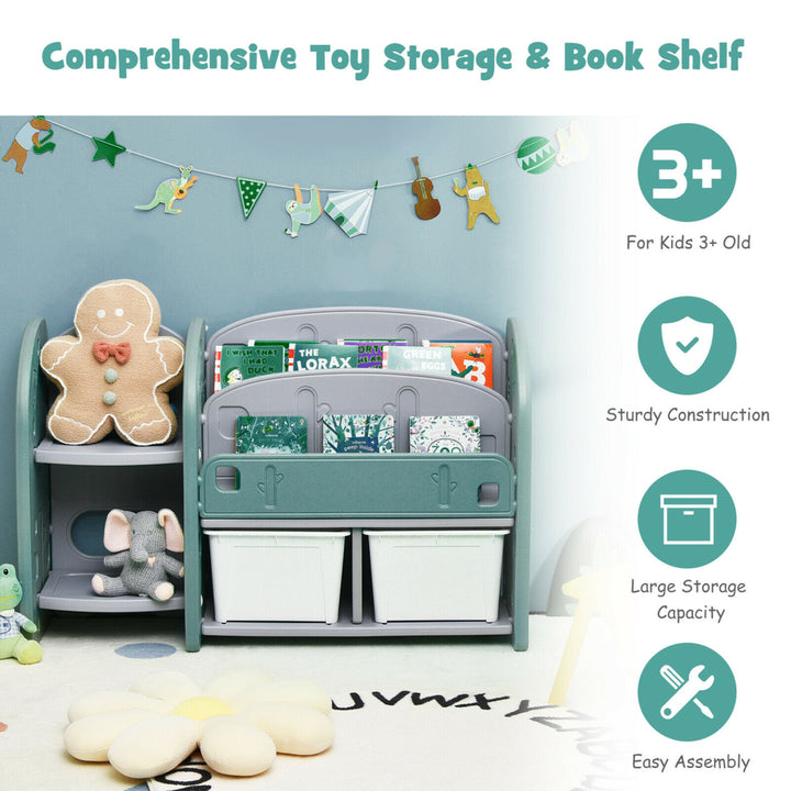 Kids Toy Storage Organizer w/ 2-Tier Bookshelf and Plastic Bins Image 7