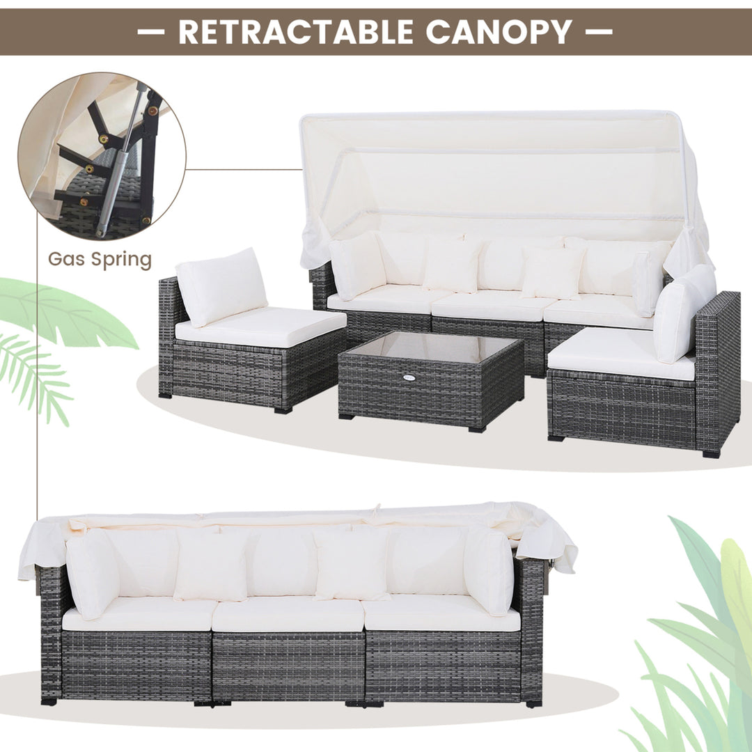 6 PCS PE Rattan Patio Furniture Set w/ Tempered Glass Table and Retractable Canopy Image 6