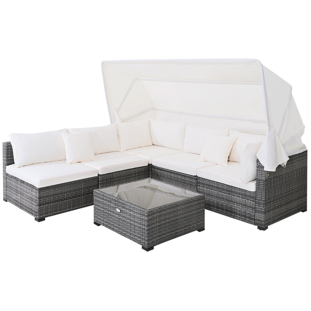 6 PCS PE Rattan Patio Furniture Set w/ Tempered Glass Table and Retractable Canopy Image 9