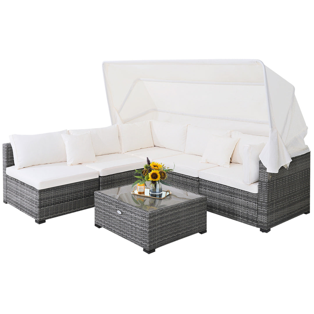 6 PCS PE Rattan Patio Furniture Set w/ Tempered Glass Table and Retractable Canopy Image 10