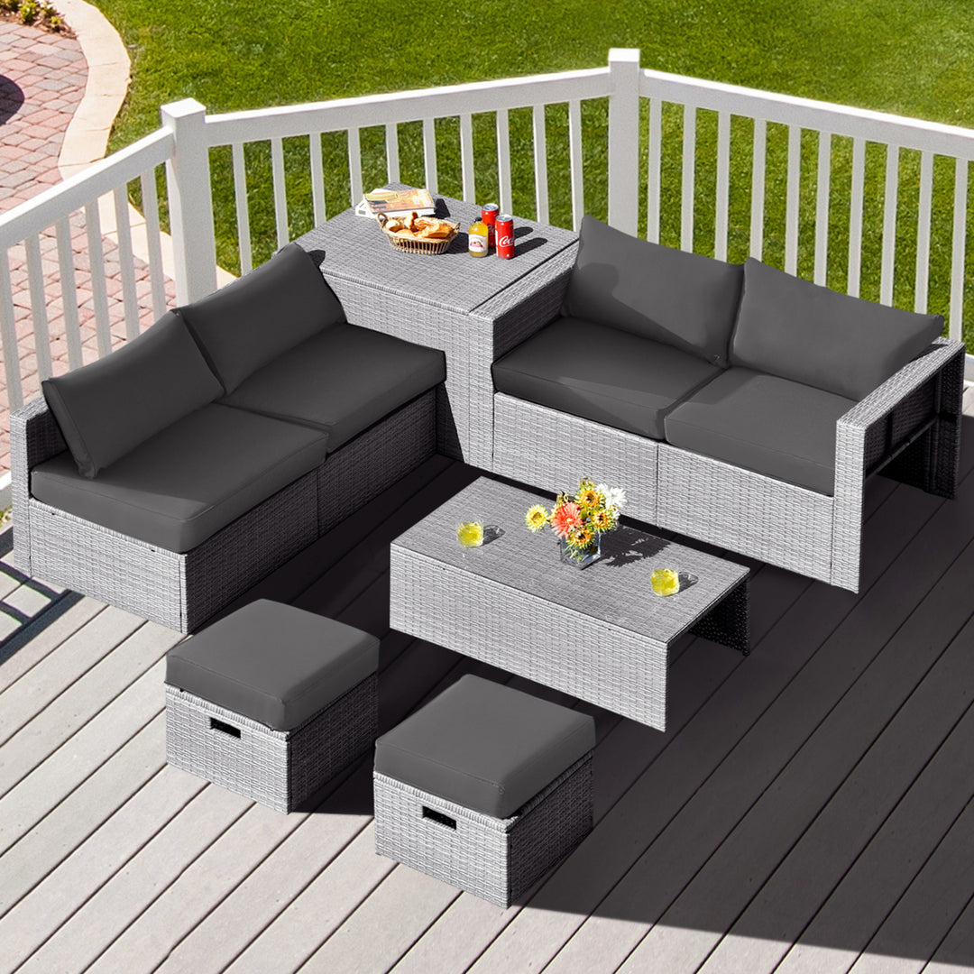 8PCS Rattan Patio Space-Saving Furniture Set w/ Waterproof Cover and Grey Cushions Image 1