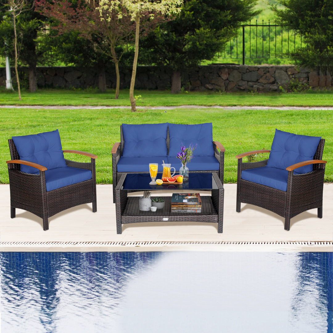 4-Piece Patio Rattan Furniture Set w/ Cushioned Sofa and Coffee Table Navy Image 1