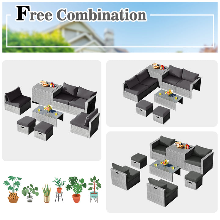 8PCS Rattan Patio Space-Saving Furniture Set w/ Waterproof Cover and Grey Cushions Image 4