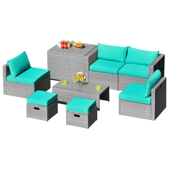 8PCS Rattan Patio Space-Saving Furniture Set w/ Waterproof Cover and Turquoise Cushions Image 1