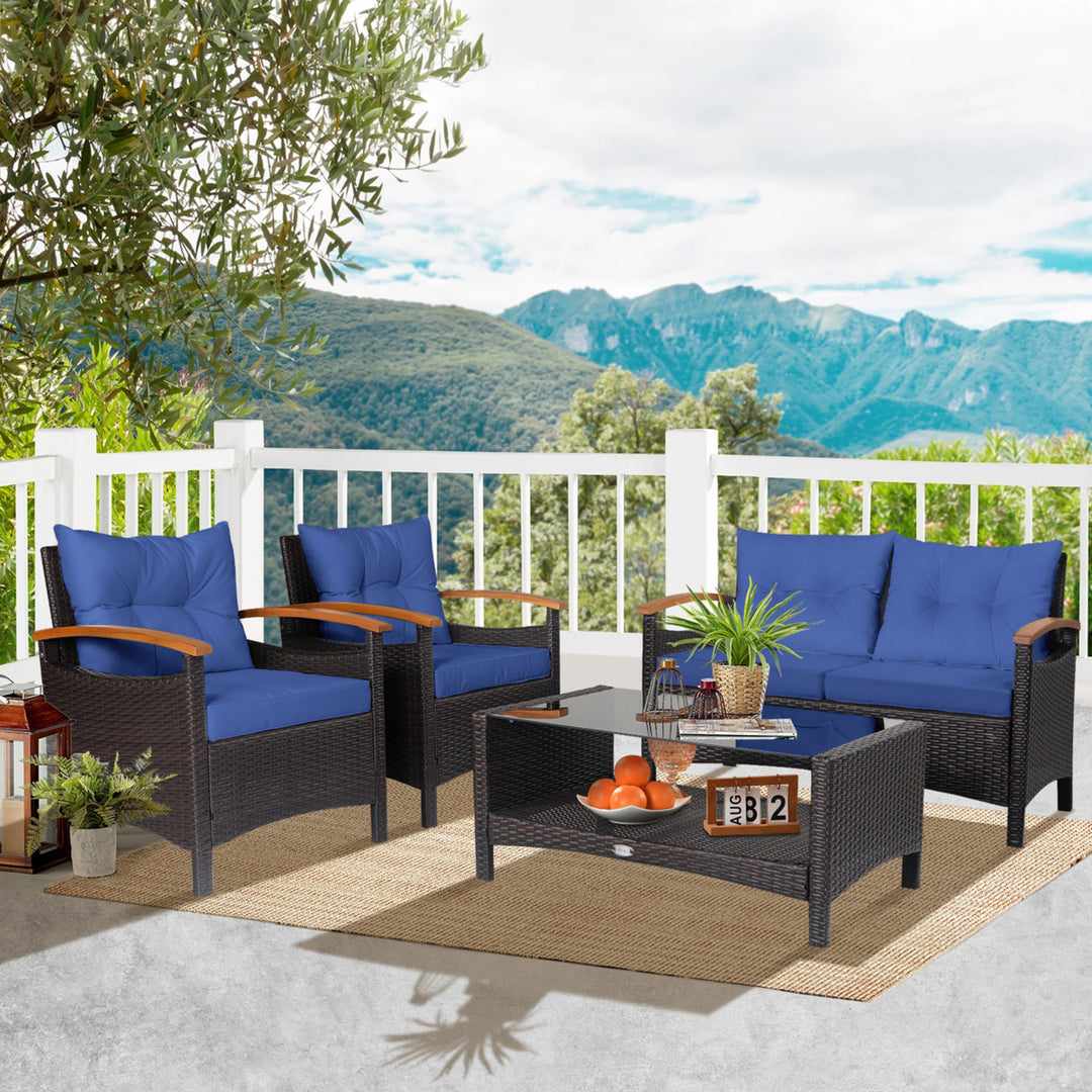 4-Piece Patio Rattan Furniture Set w/ Cushioned Sofa and Coffee Table Navy Image 3