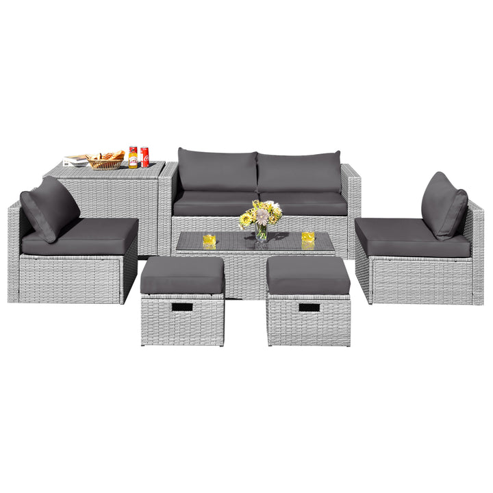 8PCS Rattan Patio Space-Saving Furniture Set w/ Waterproof Cover and Grey Cushions Image 8