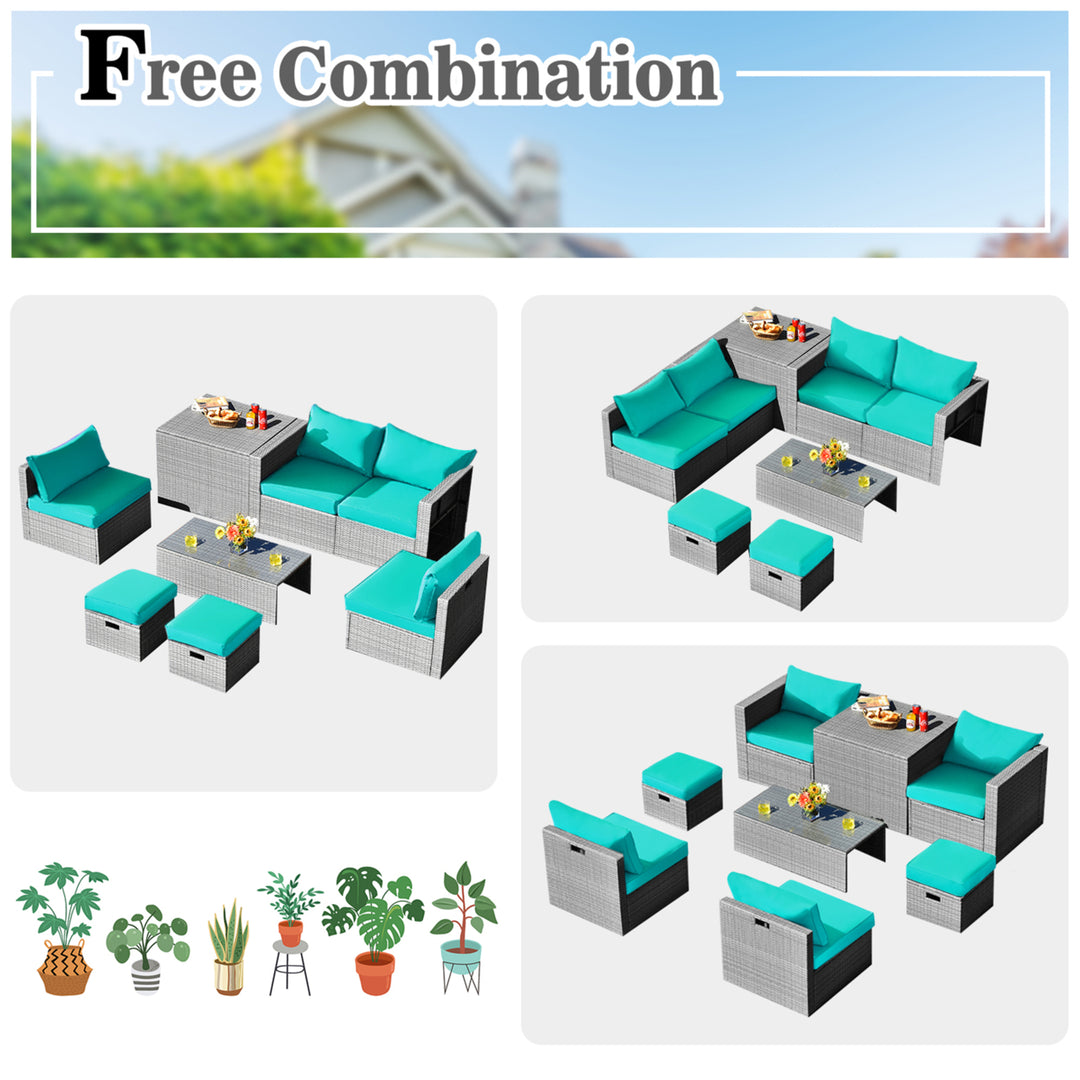 8PCS Rattan Patio Space-Saving Furniture Set w/ Waterproof Cover and Turquoise Cushions Image 4