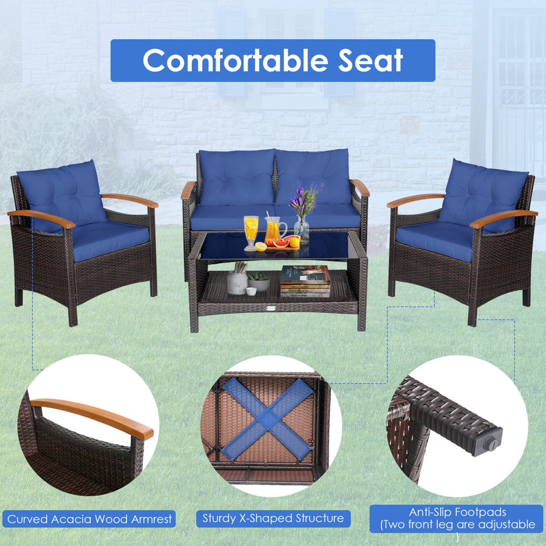 4-Piece Patio Rattan Furniture Set w/ Cushioned Sofa and Coffee Table Navy Image 5