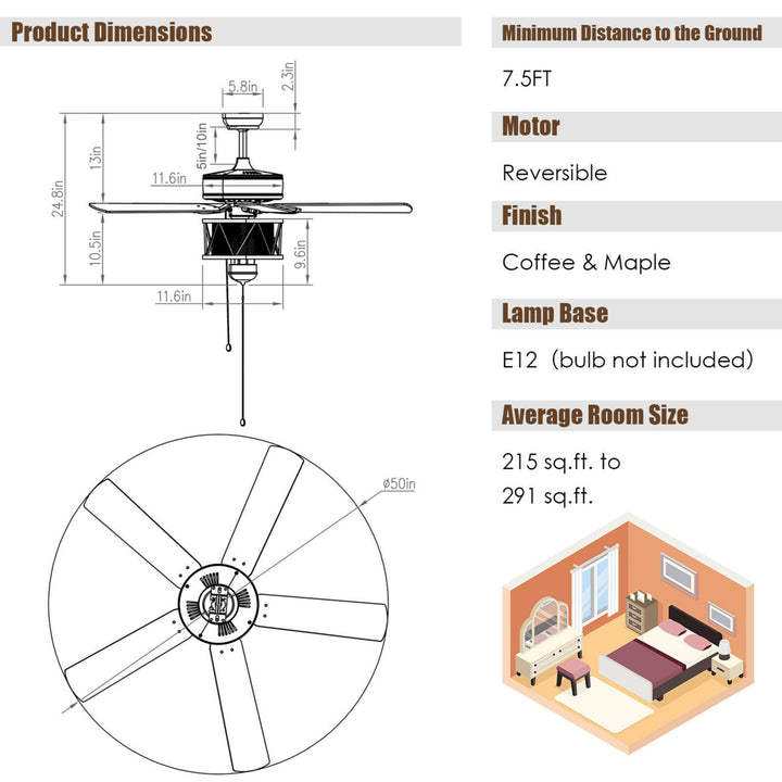 50 Ceiling Fan with Lights Reversible Blades w/ Pull Chain Control Living Room Image 2