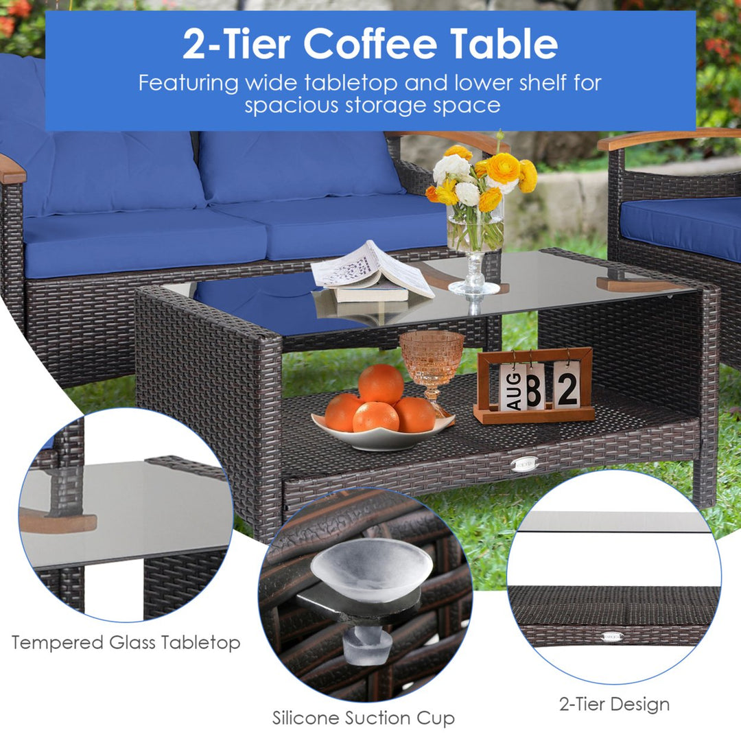 4-Piece Patio Rattan Furniture Set w/ Cushioned Sofa and Coffee Table Navy Image 6